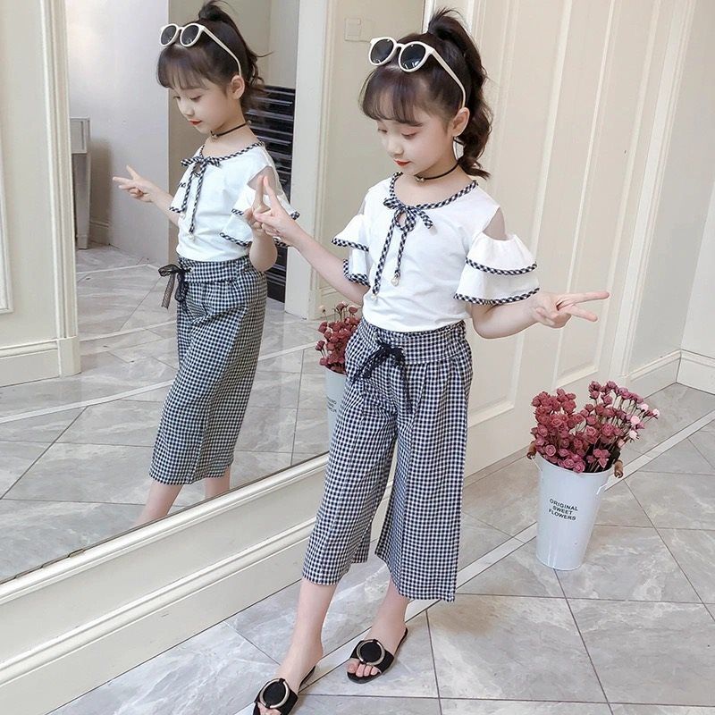 女童套装夏装韩版时尚洋气新款儿童中大童潮童七分裤两件套格子