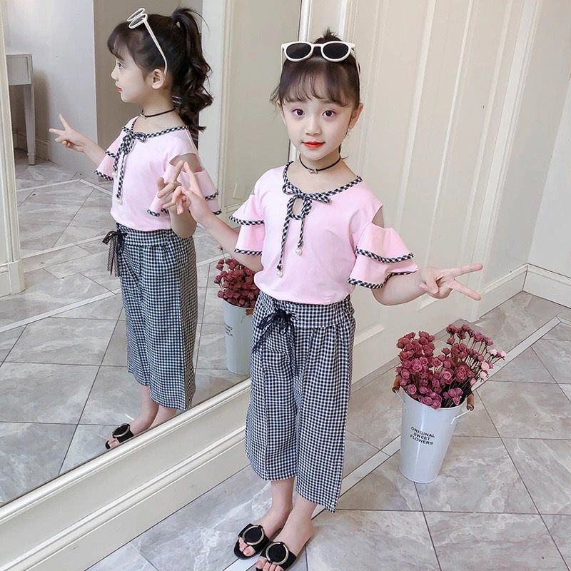 女童套装夏装韩版时尚洋气新款儿童中大童潮童七分裤两件套格子
