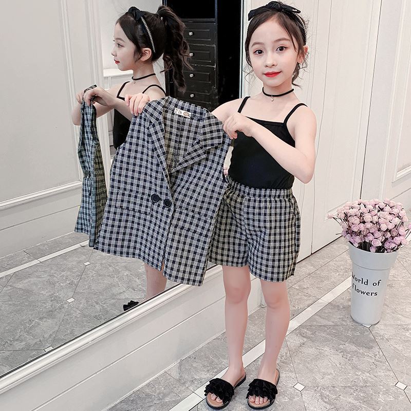 女童夏季三件套韓版馬甲套裝2023新款兒童格子西裝三件套兒童套裝