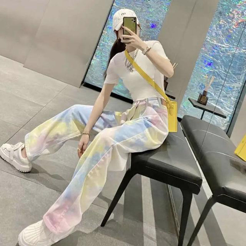 2021个性女生头像,女生头像个性网2021 2021秋季新款高腰大码时尚个性彩虹手扣牛仔裤直筒宽松裤阔腿裤女