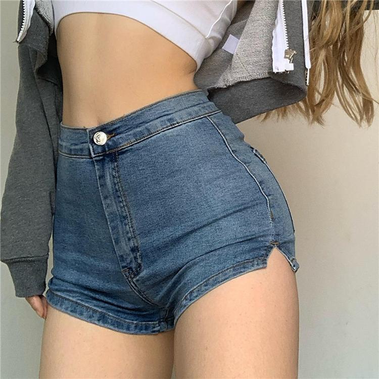 European and American style four seasons hip-lifting high-waisted denim shorts feminine look thin basic style all-match slit net red hot pants