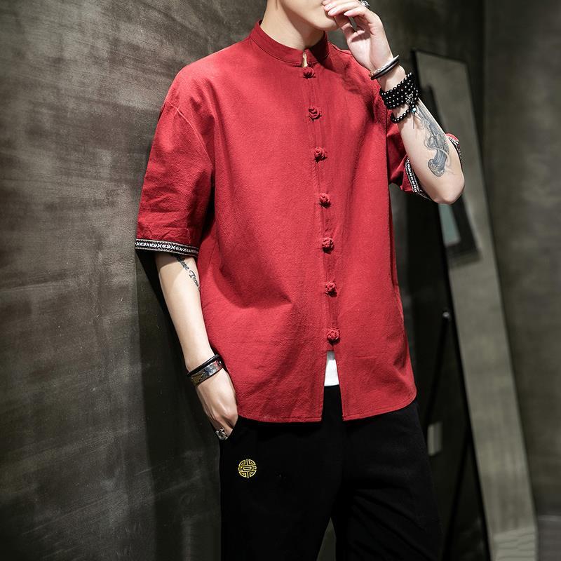 Chinese style men's Tang suit linen short-sleeved shirt Chinese style buckle stand collar shirt fat man large size cotton and linen top summer