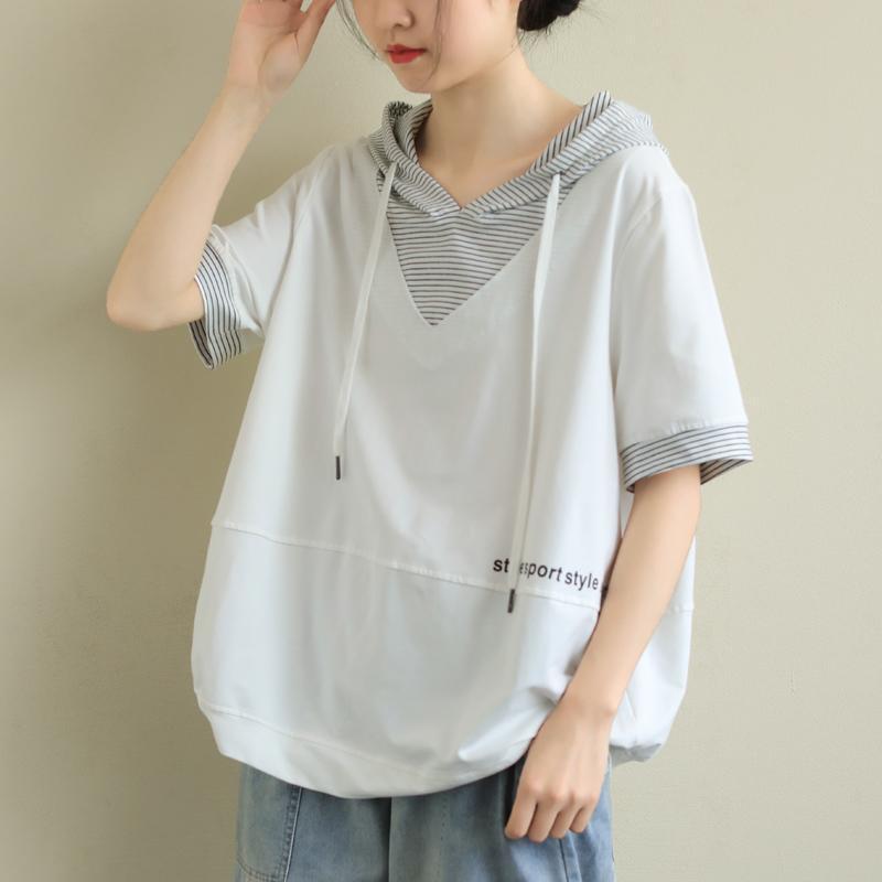 Large size women's summer Korean version loose hooded sweater women 2023 new stripe stitching stitching T-shirt top women