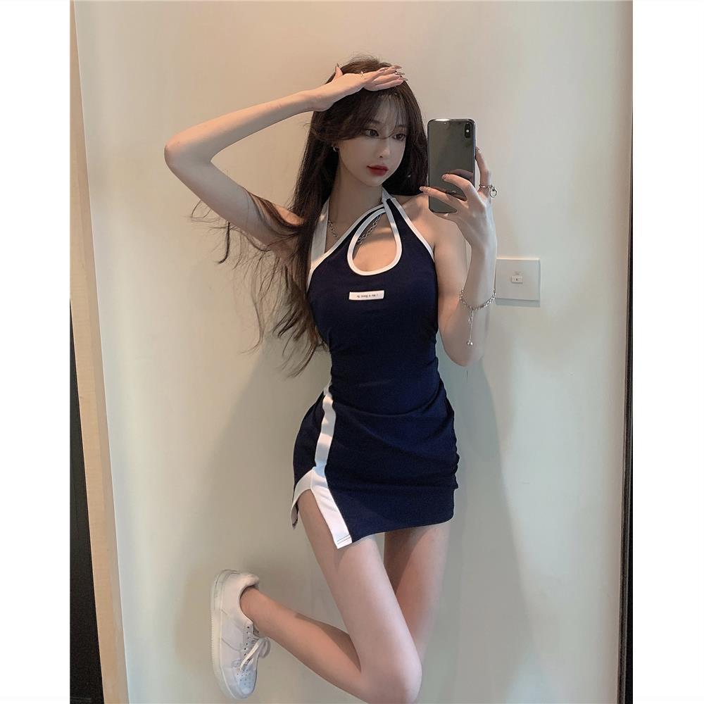 歐美復古辣妹吊帶背心連衣裙女裝夏季2023年新款短裙開叉包臀裙子