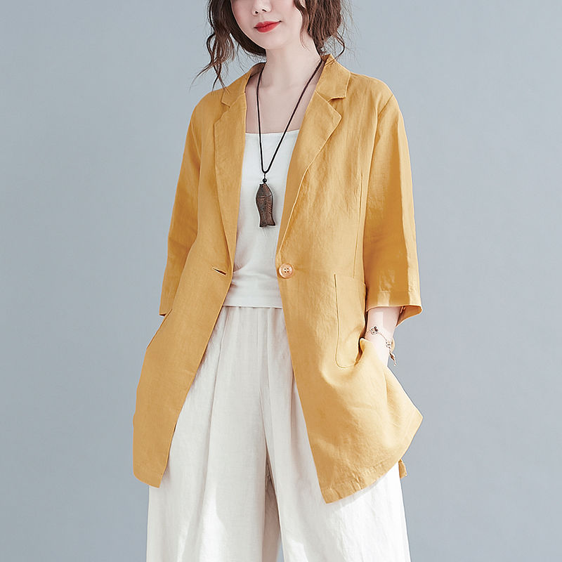  spring and summer new cotton and linen suit jacket literary large size loose mid-length thin section small suit casual top