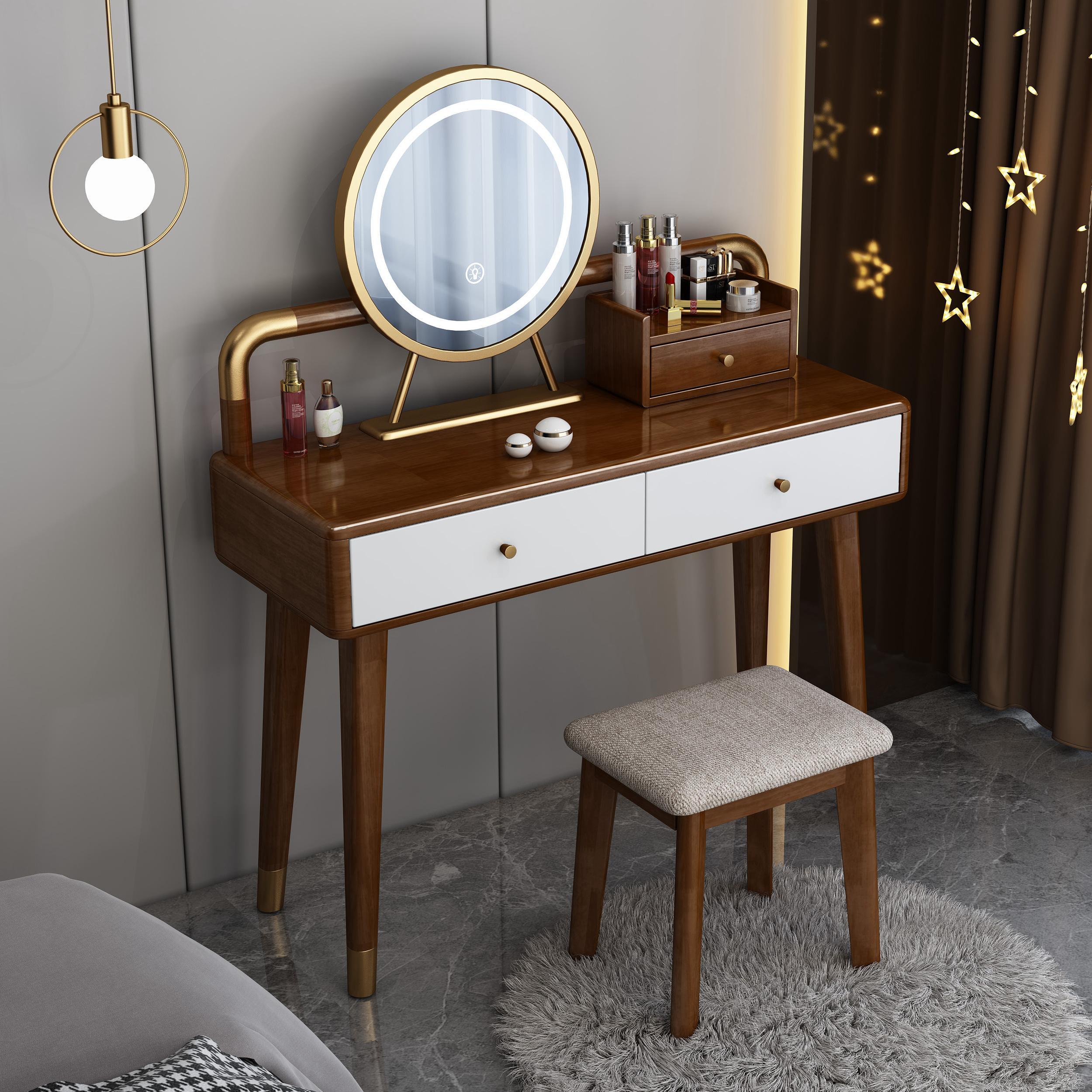 北欧全实木梳妆台带灯现代简约卧室网红ins风高档橡木化妆桌轻奢