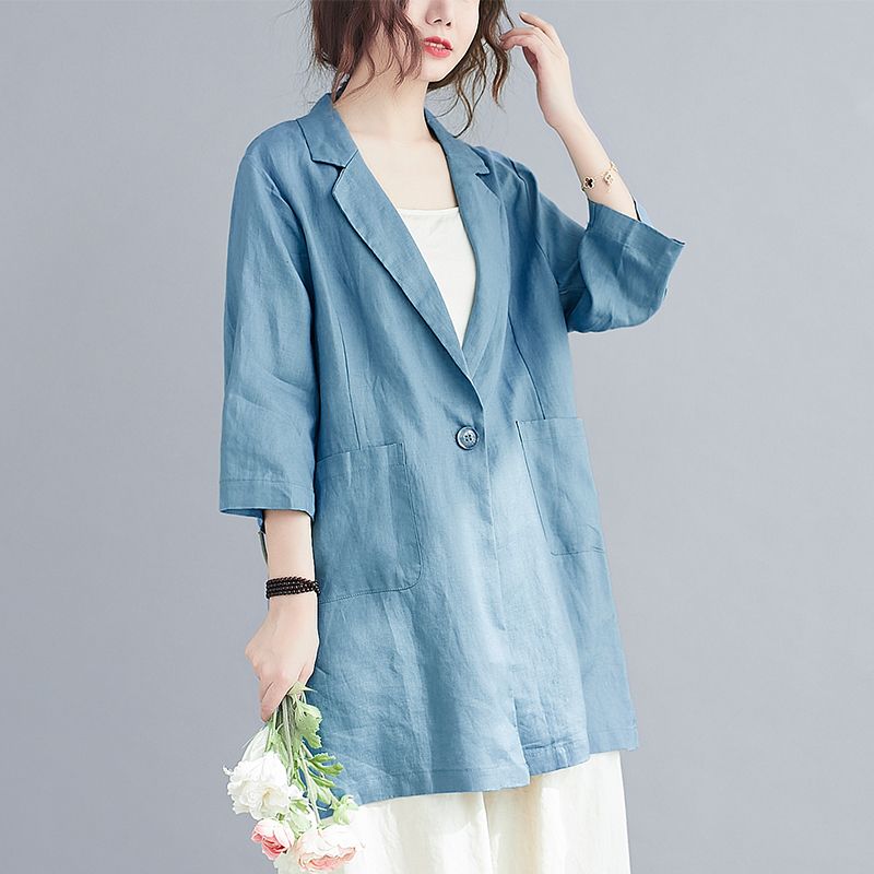 2023 spring and summer new cotton and linen suit jacket literary large size loose mid-length thin section small suit casual top