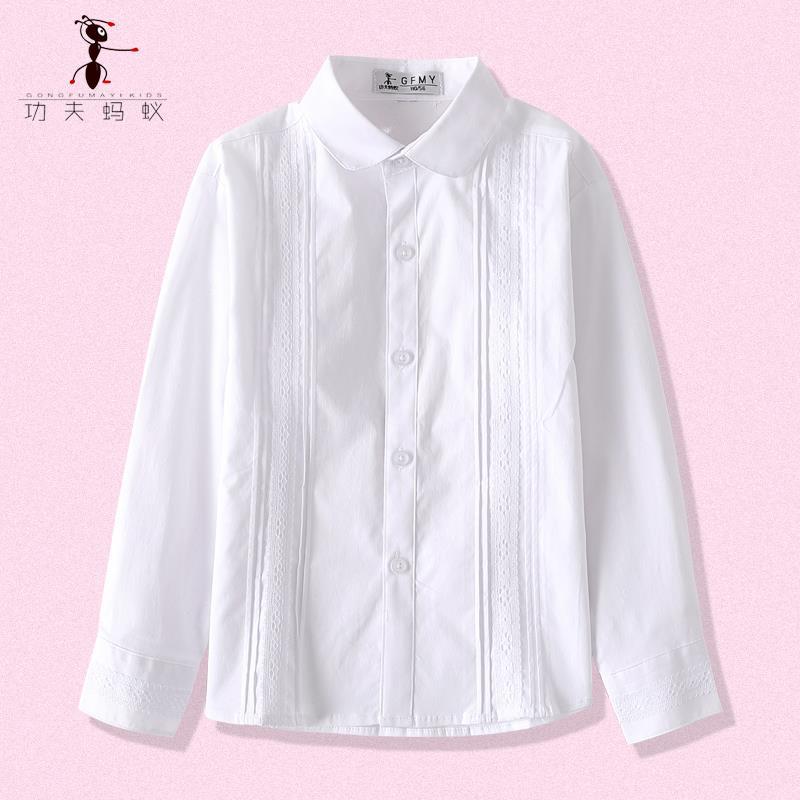 女童純棉白襯衫春秋款小學生女孩演出校服兒童白色長袖襯衣中大童