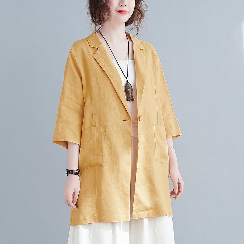  spring and summer new cotton and linen suit jacket literary large size loose mid-length thin section small suit casual top