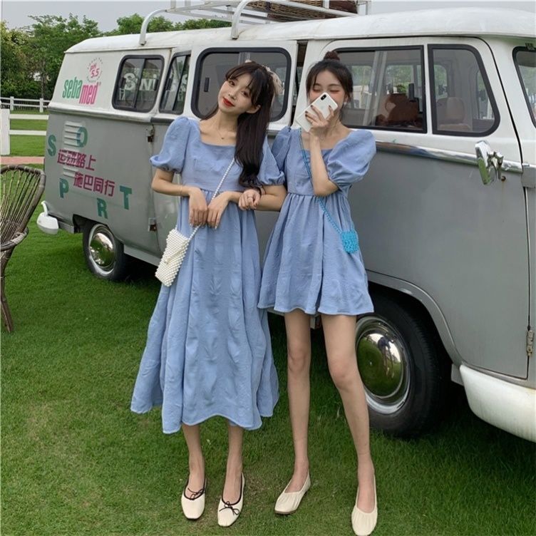 College style sweet puff sleeve square collar dress female summer small tall boudoir honey dress loose white skirt