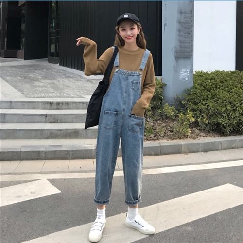 2021新款春秋装韩版女装网红学生宽松显瘦连体牛仔背带裤九分吊带