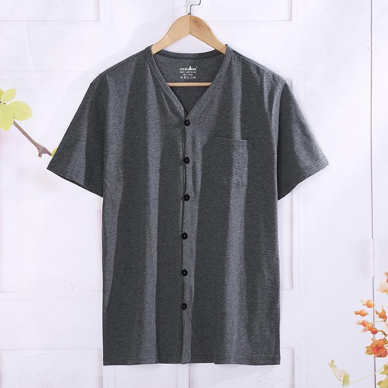 Pocket middle-aged and elderly cardigan pure cotton short-sleeved men's large size half-sleeved T-shirt dad pure cotton summer thin cardigan