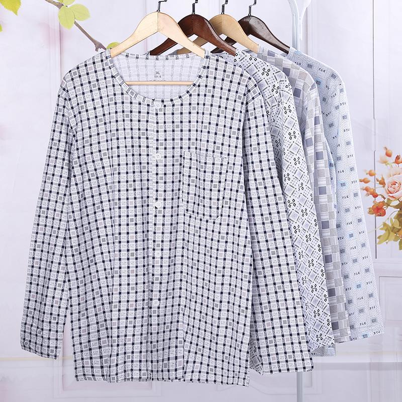 Pocket middle-aged and elderly men's plus-size pajamas pure cotton one-piece thin cardigan autumn clothes long-sleeved home clothes tops air-conditioning shirts