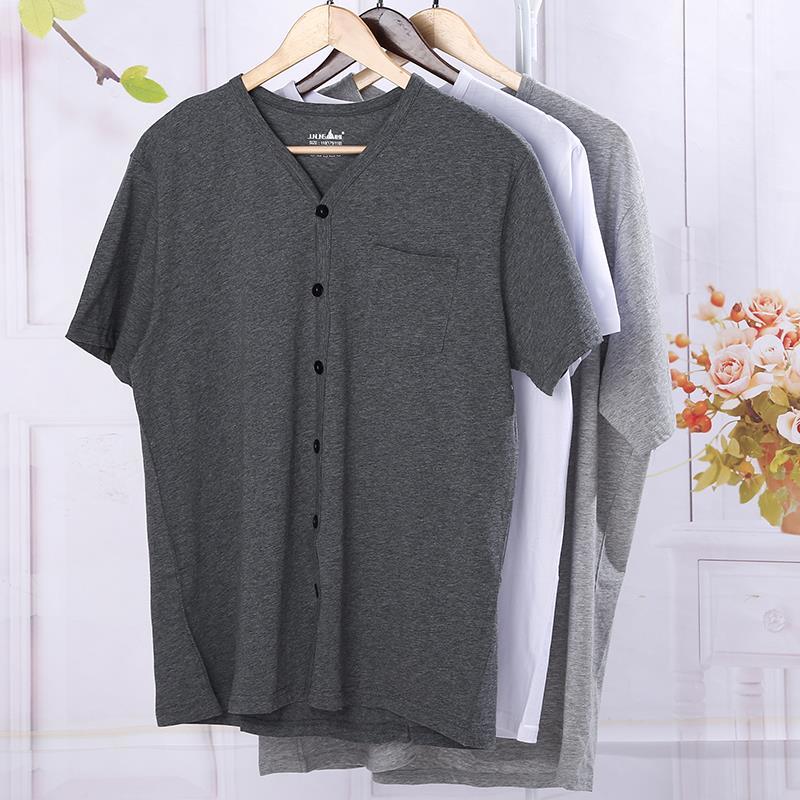 Pocket middle-aged and elderly cardigan pure cotton short-sleeved men's large size half-sleeved T-shirt dad pure cotton summer thin cardigan