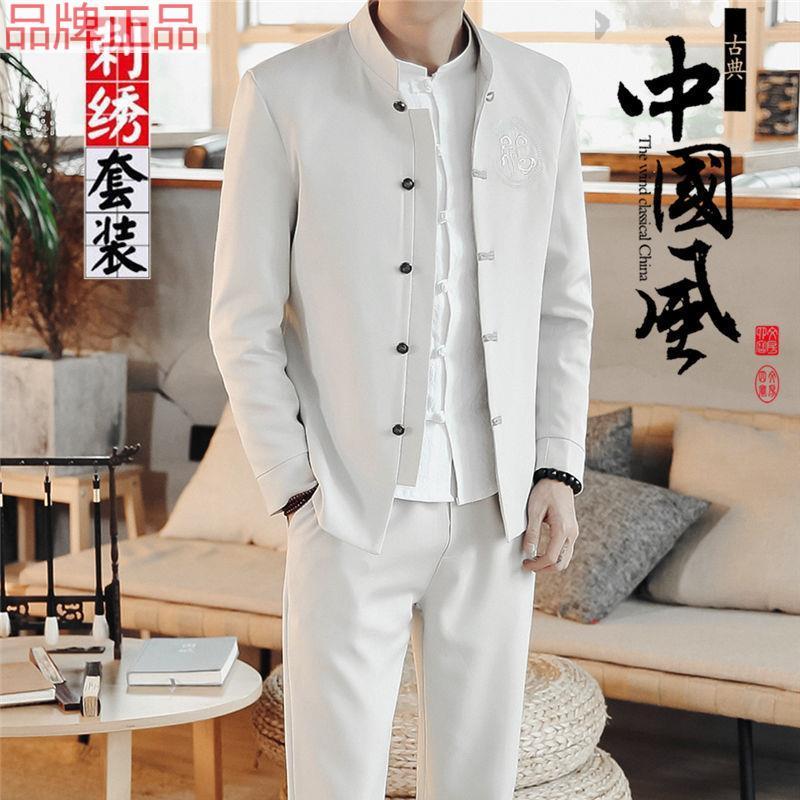 Authentic handsome Chinese tunic men's suit youth slim stand collar Chinese style men's embroidery casual retro men's Tang suit