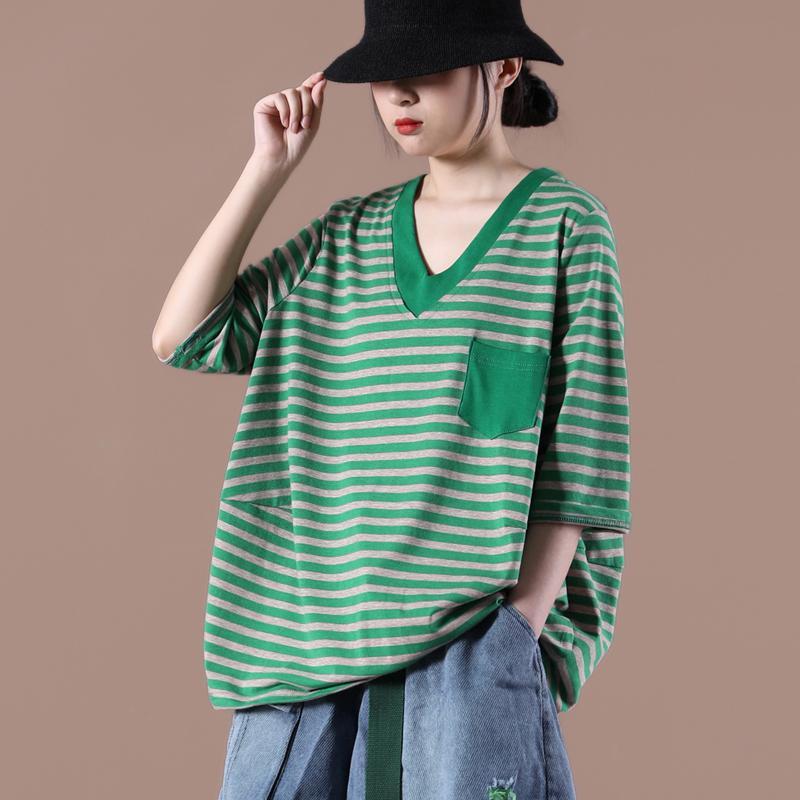 Plus size women's clothing 2022 new trendy summer clothing female Korean version loose V-neck top female short striped T-shirt female foreign style