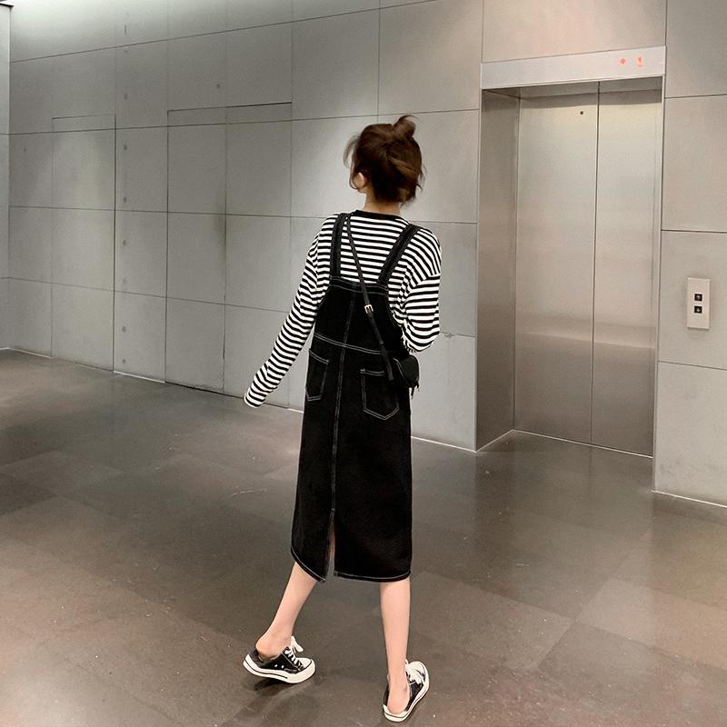 Denim suspender skirt women's spring dress 2021 new loose and versatile pocket labeling back slit mid-length dress