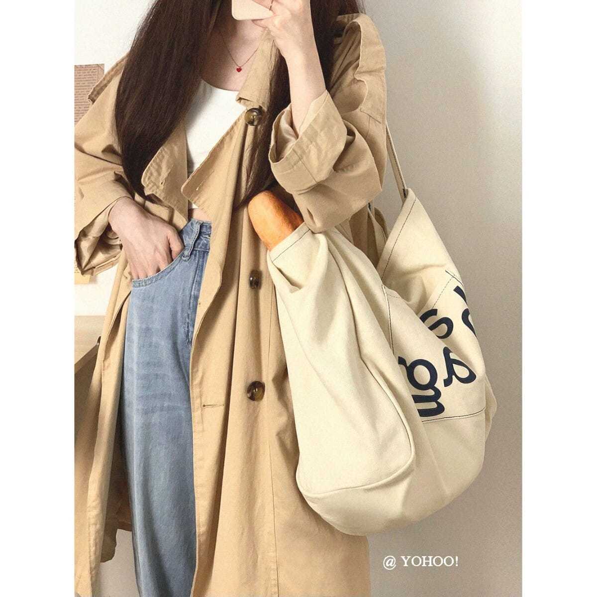 YOHOO!/chic韓系慵懶風休閒大容量單肩帆布包包購物布袋書包女ins