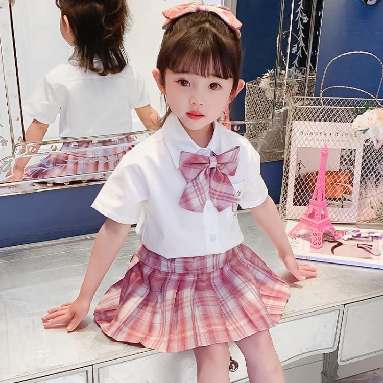 兒童jk套裝2021新款洋氣女寶寶格子百褶裙兩件套女童夏裝學院風潮