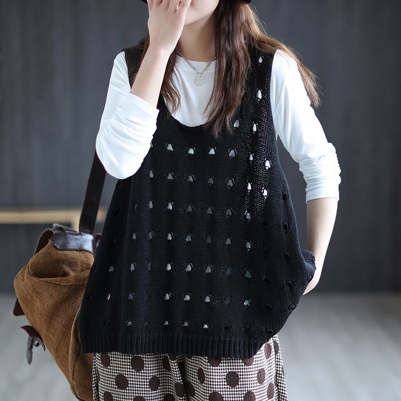 2021 Spring and Summer New Large Size Hollow Knit Vest Vest Ladies Loose Outerwear Casual Sleeveless Vest Shoulder