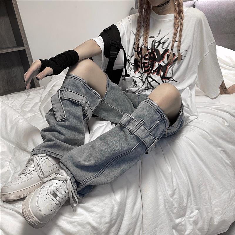 Zipper detachable jeans women's straight loose slim pants ins tide high street Harajuku style stitching long shorts