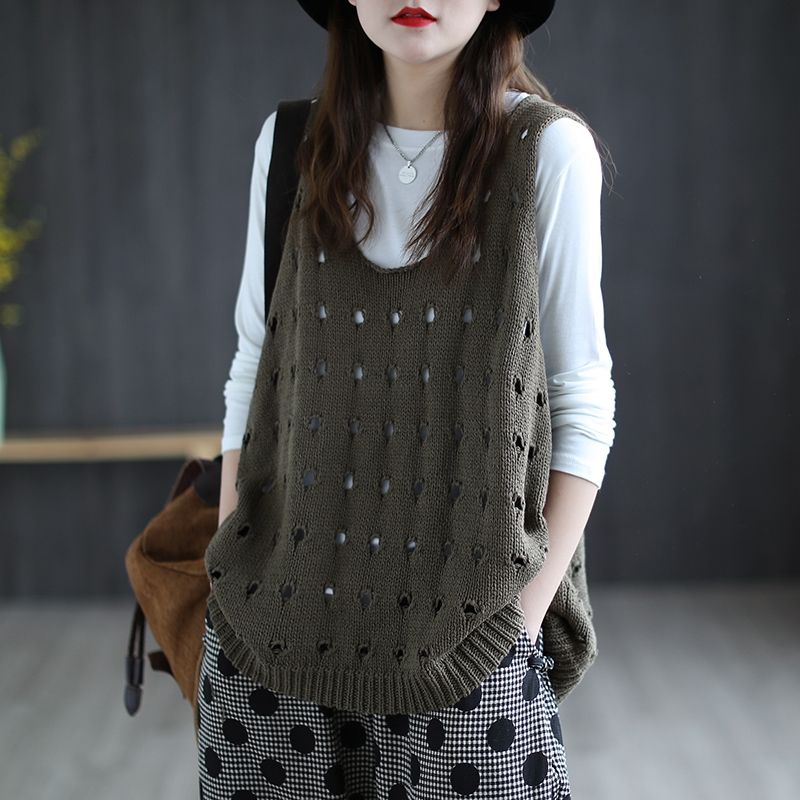 2021 Spring and Summer New Large Size Hollow Knit Vest Vest Ladies Loose Outerwear Casual Sleeveless Vest Shoulder