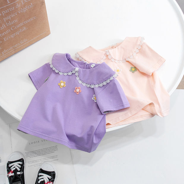 Children's clothing girls short-sleeved T-shirt lace 2022 new foreign style summer clothes children's Korean version tops girl baby princess T-shirt