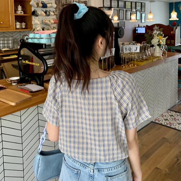 Short-sleeved plaid shirt women's summer wear 2022 new Korean version small fresh square collar foreign style French retro T-shirt top