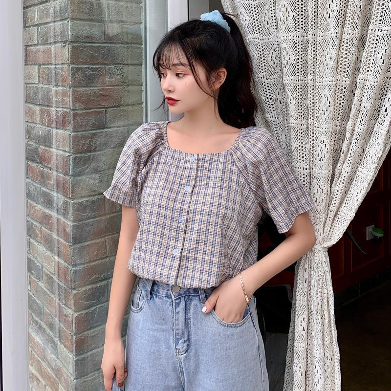 Short-sleeved plaid shirt women's summer wear 2022 new Korean version small fresh square collar foreign style French retro T-shirt top