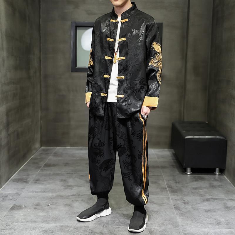 中国风冰丝刺绣唐装套装男士上衣裤子两件套国潮中式休闲运动套装
