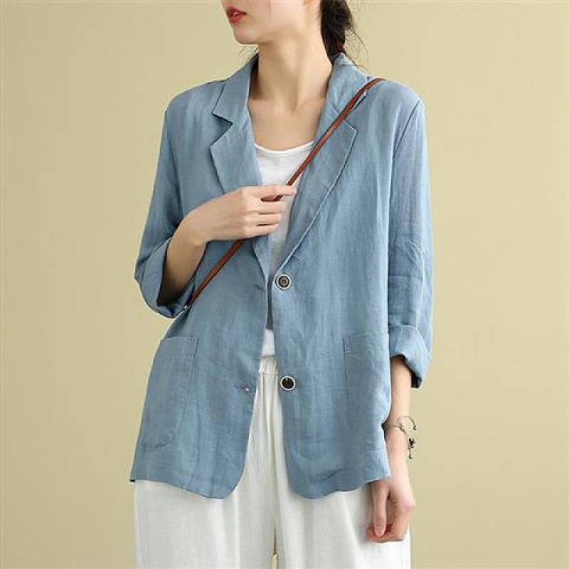 [linen] loose cotton linen small suit spring and summer new linen top versatile long sleeve casual coat women