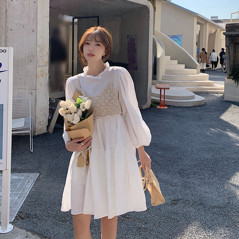2021春款韩版女装小清新纯色木耳边长袖宽松显瘦连衣裙
