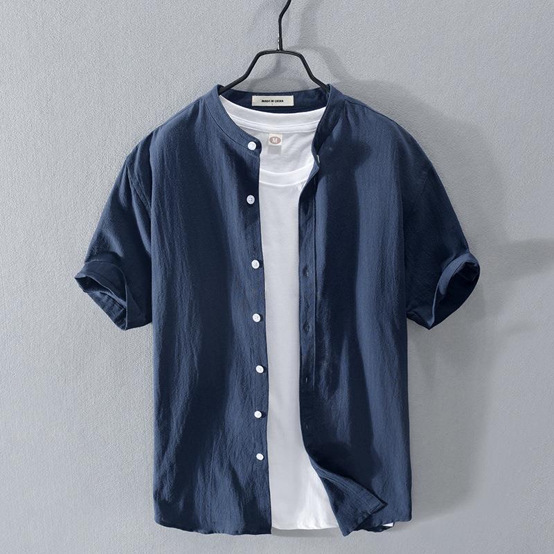 Chinese style stand-up collar linen shirt men's short-sleeved cotton and linen shirt summer thin section loose casual linen shirt trend
