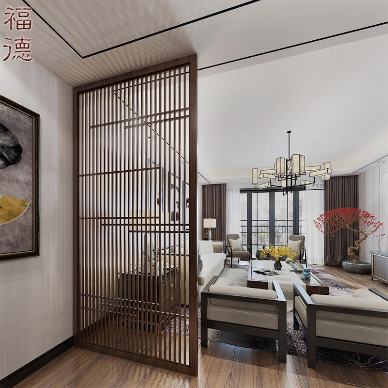 新中式木格栅黑胡桃木门口屏风栅栏实木隔断花格入户玄关装饰客厅