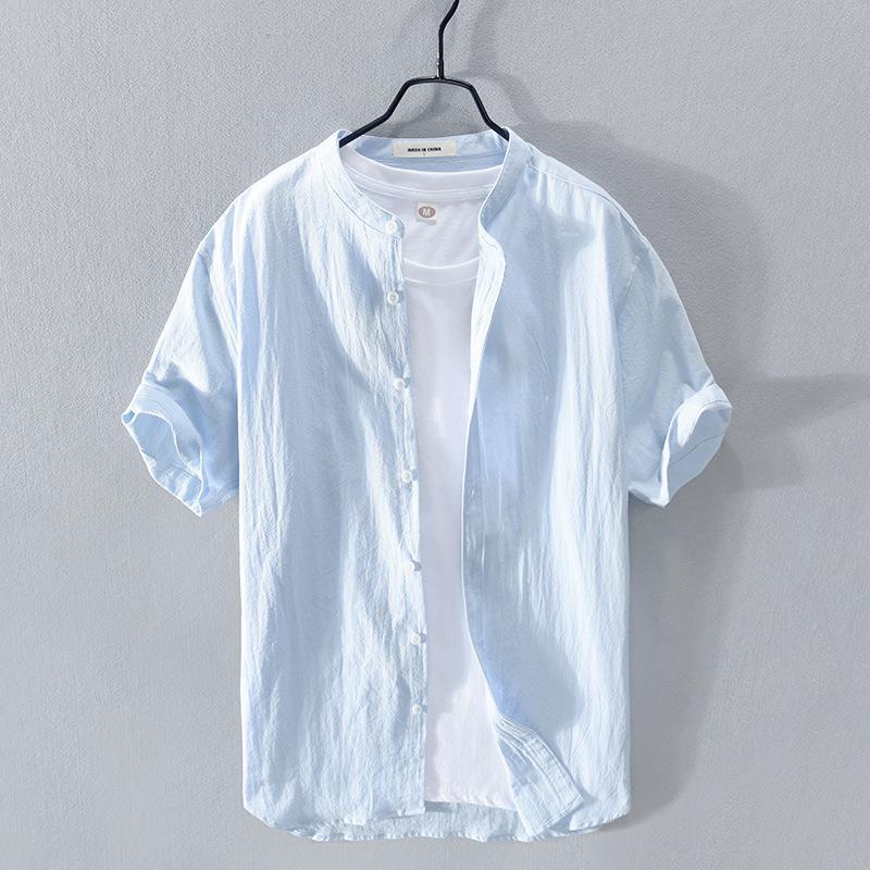 Chinese style stand-up collar linen shirt men's short-sleeved cotton and linen shirt summer thin section loose casual linen shirt trend