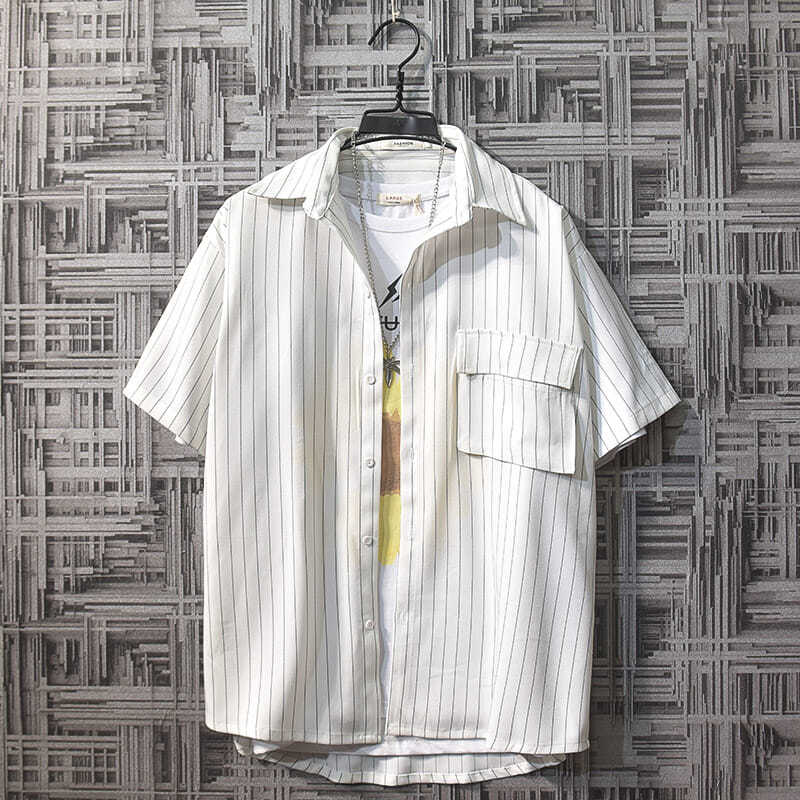Hong Kong style Japanese retro striped short-sleeved shirt male student Korean version trendy loose five-quarter sleeve Harajuku style shirt tide