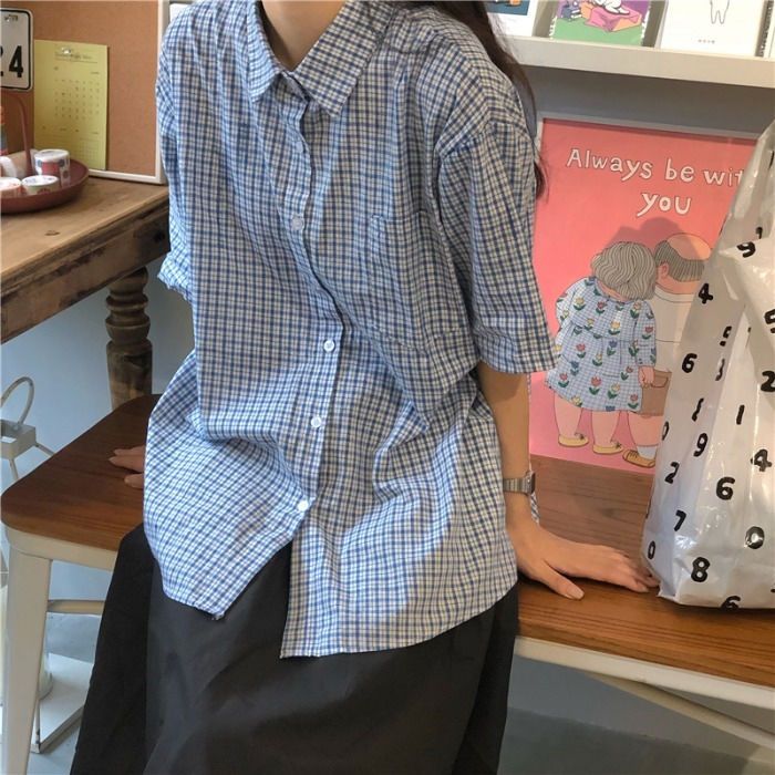 Retro literary summer college style sweet plaid short-sleeved top 2021 new women's loose and thin shirt jacket