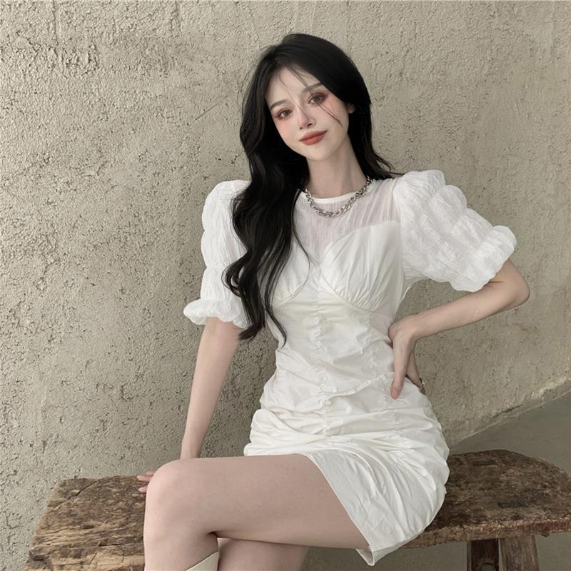 2021 French retro light and mature dress spring and summer new white waist slimming short skirt women's ins