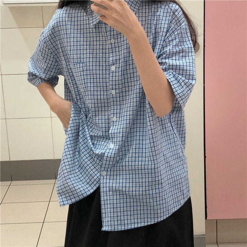 Retro literary summer college style sweet plaid short-sleeved top 2021 new women's loose and thin shirt jacket