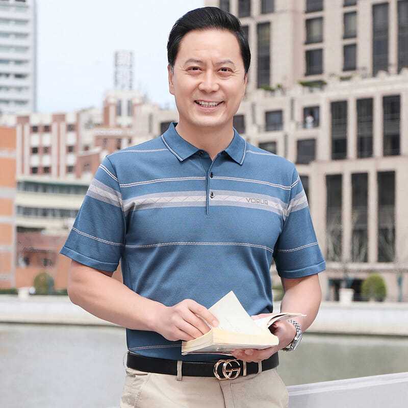 爸爸夏装冰丝短袖t恤男中年男士翻领上衣polo衫休闲中老年父亲装
