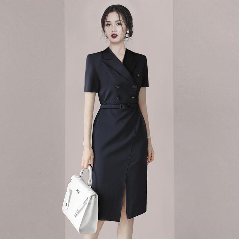 名媛洋气减龄气质西装裙女2021夏新款时尚v领双排扣开叉连衣裙潮
