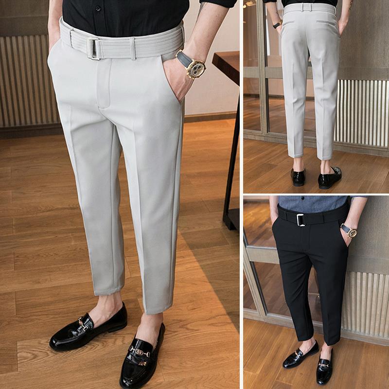 Handsome men's trendy trousers summer thin nine-point suit pants slim fit feet all-match Korean casual drape trousers