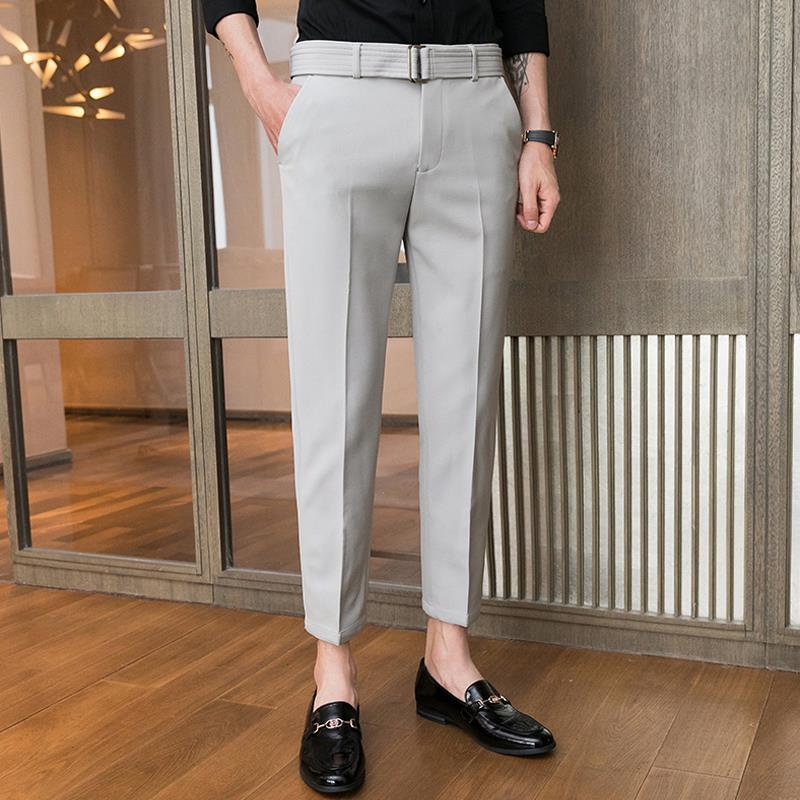 Handsome men's trendy trousers summer thin nine-point suit pants slim fit feet all-match Korean casual drape trousers