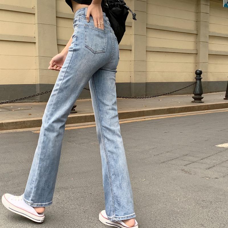 Chic blue straight wide-leg trousers spring  new high-waisted slim-fit slim micro-laden jeans ladies