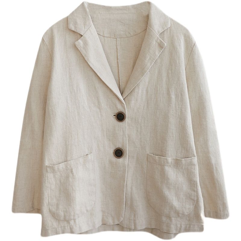 Literary two buttons casual small suit loose large size all-match short coat outerwear long-sleeved solid color cotton and linen top women