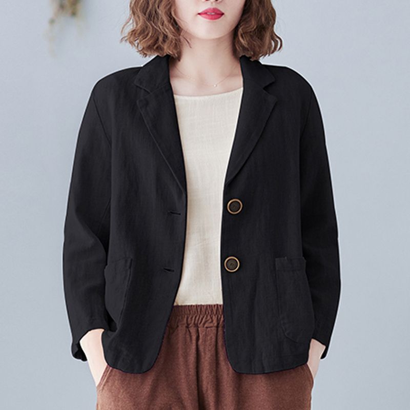 Literary two buttons casual small suit loose large size all-match short coat outerwear long-sleeved solid color cotton and linen top women