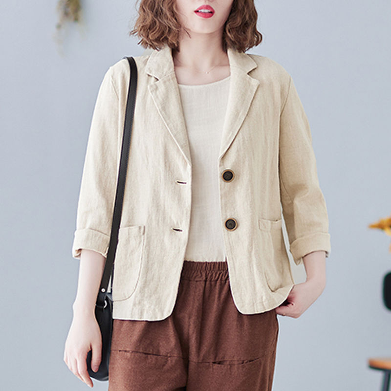 Literary two buttons casual small suit loose large size all-match short coat outerwear long-sleeved solid color cotton and linen top women