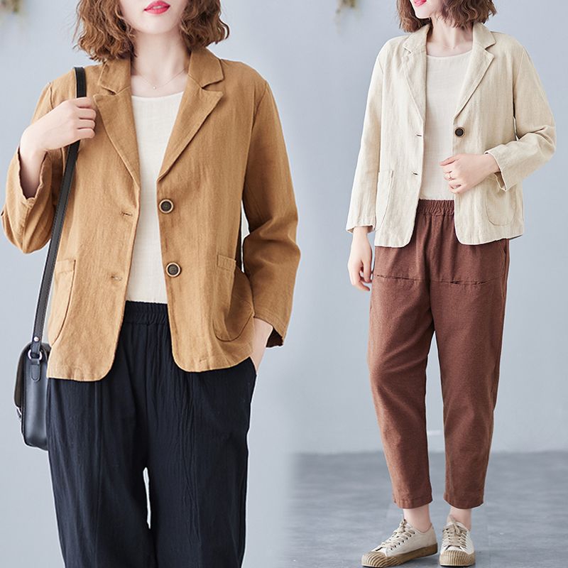 Literary two buttons casual small suit loose large size all-match short coat outerwear long-sleeved solid color cotton and linen top women