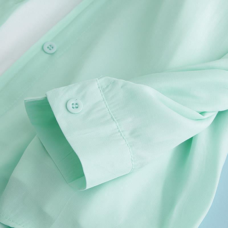 薄荷绿衬衫女夏季新款宽松韩版纯色长袖雪纺防晒衬衣薄款外套