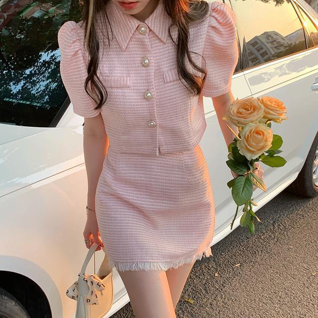 两单件套装奶糖~韩系少女粉色短袖衬衫上衣+显瘦毛边包臀短裙套装